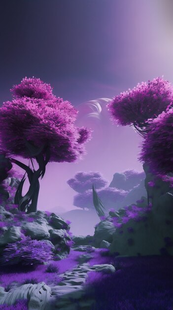 Magical and mystical landscape wallpaper in purple tones