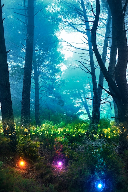 Magical nighttime landscape with sparkly lights