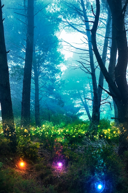 Волшебный ночной пейзаж с блестящими огнями