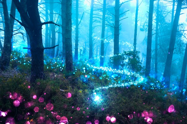 Magical nighttime landscape with sparkly lights