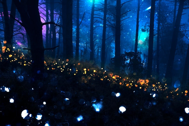 Magical nighttime landscape with sparkly lights
