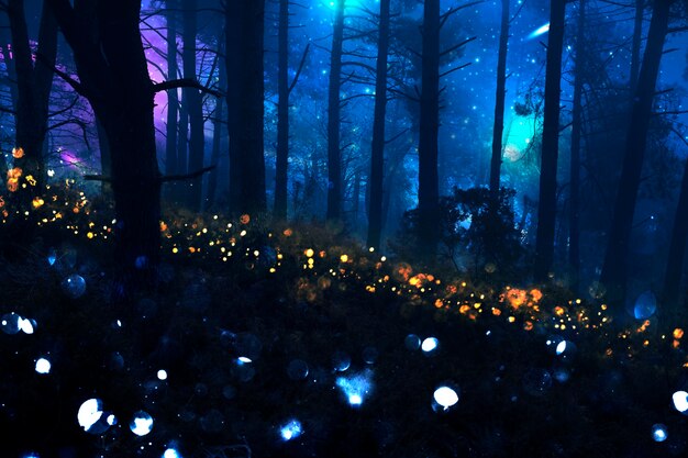 Magical nighttime landscape with sparkly lights