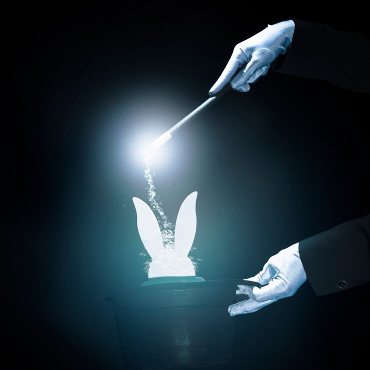 Free Photo magician performing trick with magic wand against black glowing background