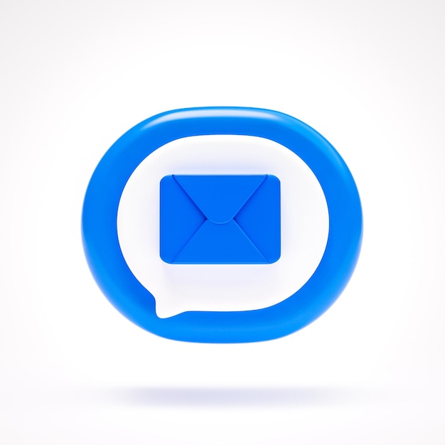 メールメッセージまたは封筒のアイコンは、白い背景の3Dレンダリングの青い吹き出しのシンボルボタンに署名します。