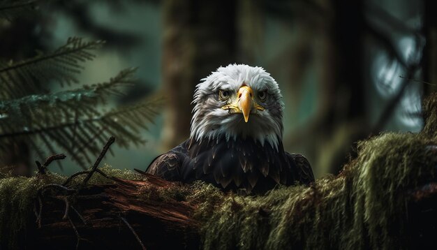 Majestic bald eagle perched on branch outside generated by AI