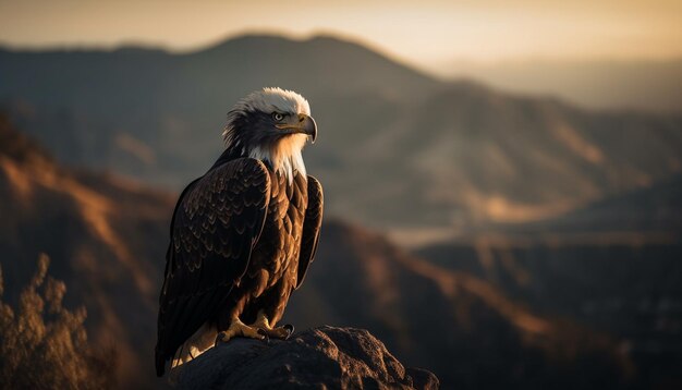 Majestic bald eagle perching on mountain peak generated by AI
