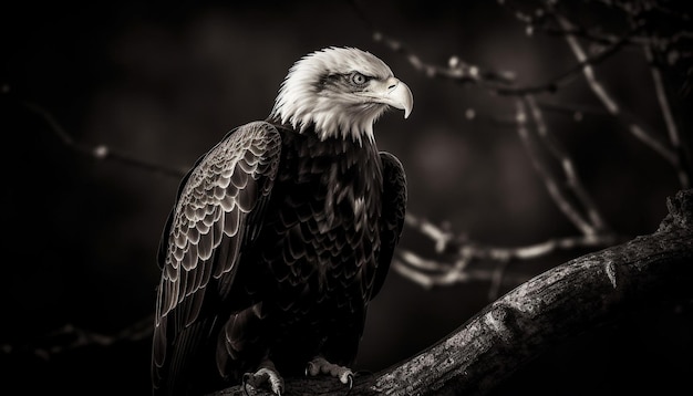 Foto gratuita maestosa aquila calva appollaiata sul ramo di un albero generata dall'intelligenza artificiale