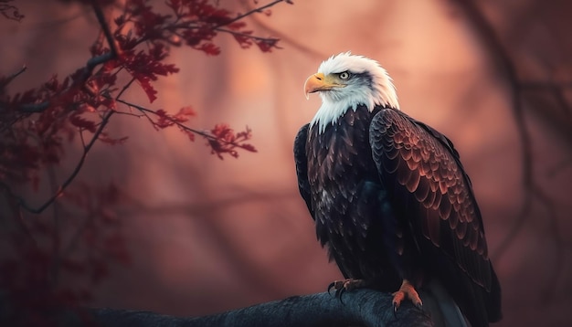 Maestosa aquila calva appollaiata sul ramo di un albero generata dall'intelligenza artificiale