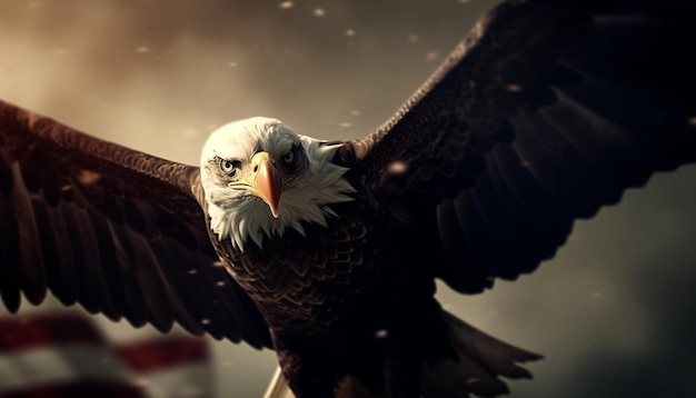Величественный белоголовый орлан расправил крылья в полете, созданном искусственным интеллектом