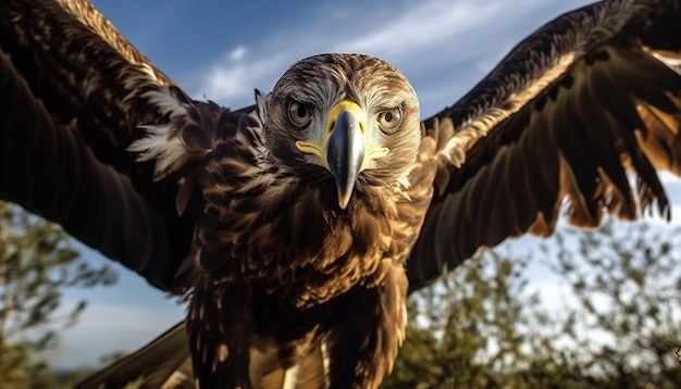 Majestic bald eagle spreads wings in flight generated by AI