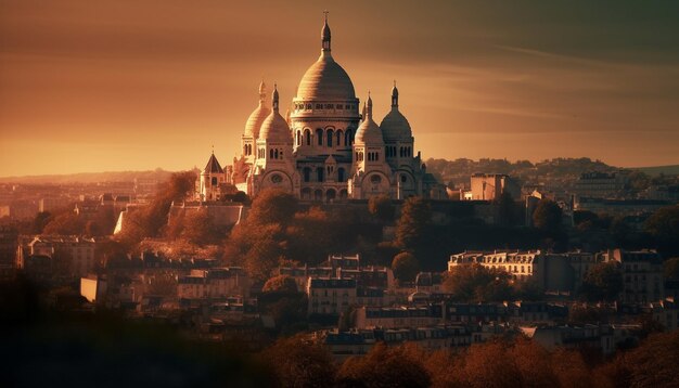 Majestic basilica illuminated at dusk of Christianity generated by AI