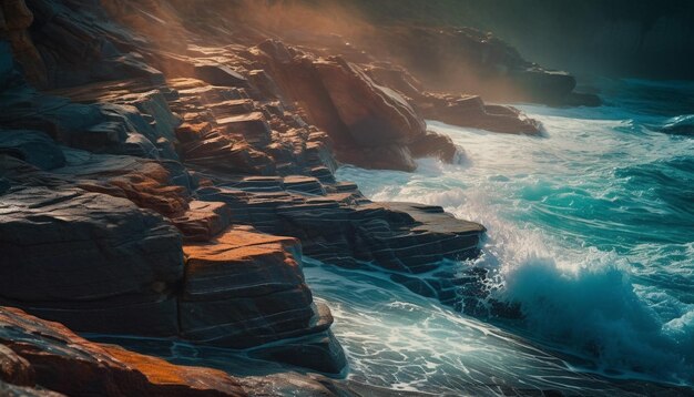 Majestic beauty at water edge waves crashing generated by AI