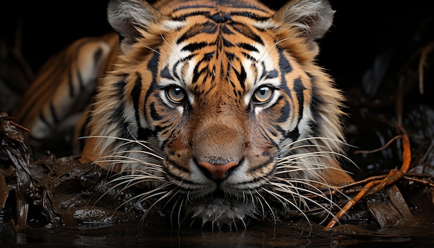 Free photo majestic bengal tiger fierce gaze wild beauty in nature portrait generated by artificial intelligence
