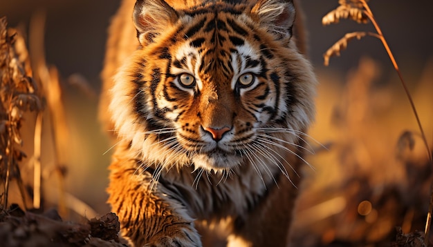 Majestic Bengal tiger fierce hunter staring into the sunset generated by artificial intelligence