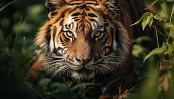 Free photo majestic bengal tiger fierce and wild hides in tropical rainforest generated by artificial intellingence