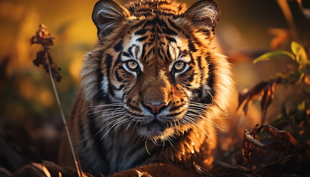 Free photo majestic bengal tiger staring beauty in nature tranquil scene generated by artificial intelligence