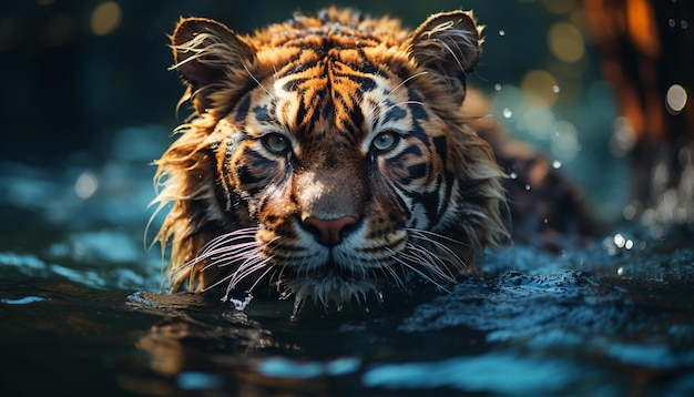 Free photo majestic bengal tiger staring reflecting beauty in nature generated by artificial intelligence