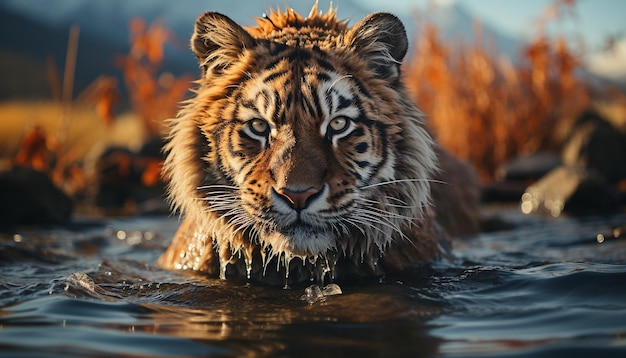 Free photo majestic bengal tiger staring reflecting in tranquil pond wilderness beauty generated by artificial intelligence