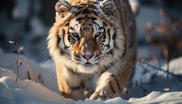 Free photo majestic bengal tiger walking in snow covered wilderness generated by artificial intelligence