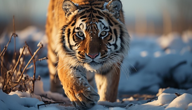 Free photo majestic bengal tiger walking in snow staring at camera generated by artificial intelligence