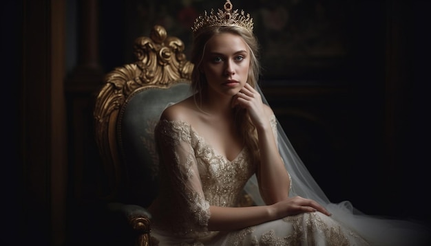 Free photo majestic bride in tiara exudes elegance and glamour generated by ai