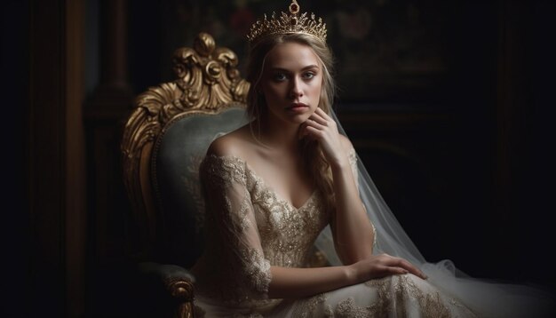 Majestic bride in tiara exudes elegance and glamour generated by AI