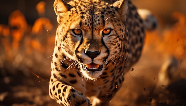 Free photo majestic cheetah walking in african wilderness staring with cute yellow eyes generated by artificial intelligence