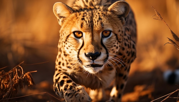 Бесплатное фото Величественный гепард, идущий по африканской пустыне, бдительность в его глазах, созданная искусственным интеллектом.