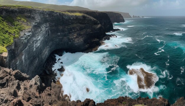 Majestic cliff eroded rock crashing waves beauty generated by AI