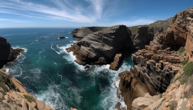 Бесплатное фото Величественная береговая линия, размытая скалами, разбивающимися волнами, красота, созданная искусственным интеллектом