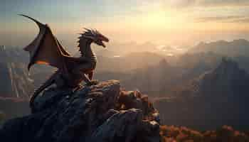 Free photo majestic dragon perched on mountain peak overlooking breathtaking landscape generated by ai