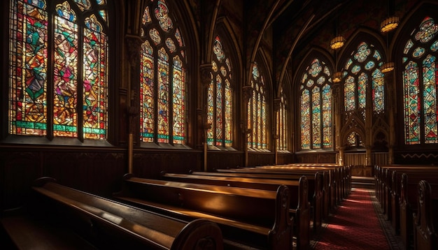 Free photo majestic gothic chapel with stained glass windows generated by ai