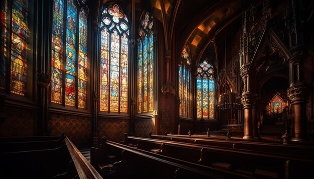 Majestic Gothic chapel with stained glass windows generated by AI