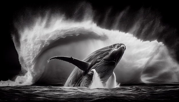 Величественный горбатый кит плещется в темных водах с генеративным искусственным интеллектом