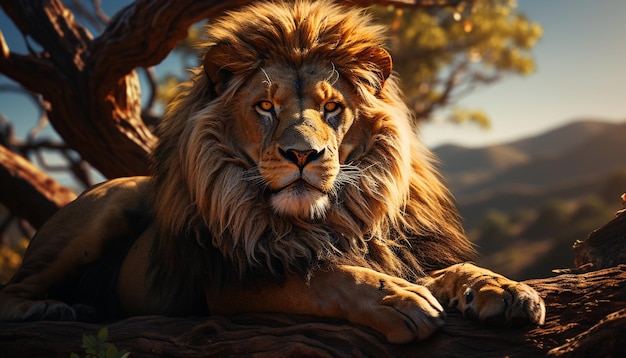 Majestic lion resting in the savannah looking at camera with strength generated by artificial intellingence