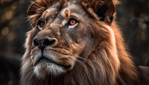 AIによって生成されたサバンナで警戒して見つめる雄大なライオン