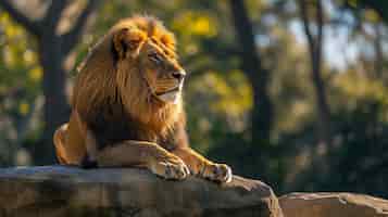 Foto gratuita il leone maestoso, il re indiscusso della giungla, si riposa regalmente su una roccia illuminata dal sole.