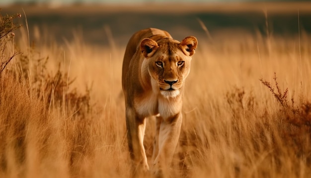 Величественный лев, прогуливающийся по африканской саванне, созданный искусственным интеллектом