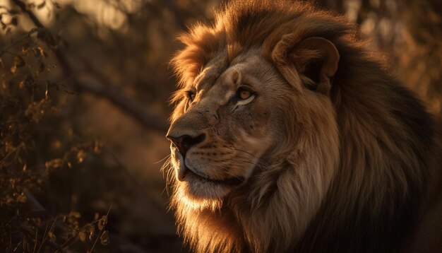 Majestic lion walking through the African savannah generated by AI