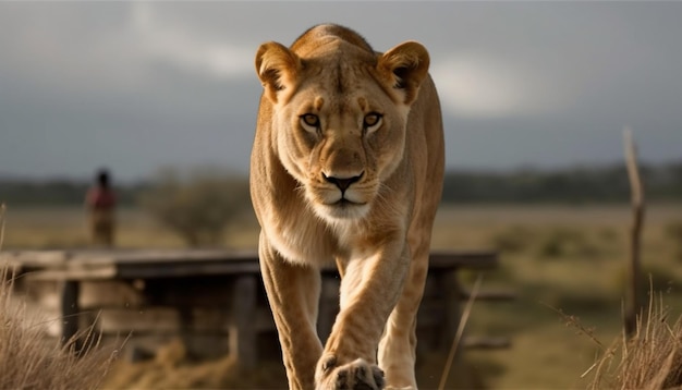 Free photo majestic lioness alert and wandering the savannah generated by ai