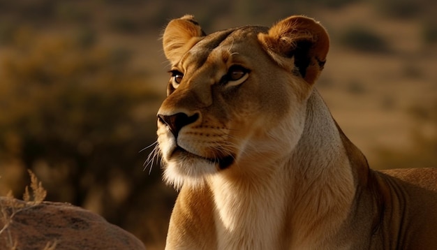 AI によって生成された、アフリカのサバンナで警戒心を凝視する威厳のある雌ライオン