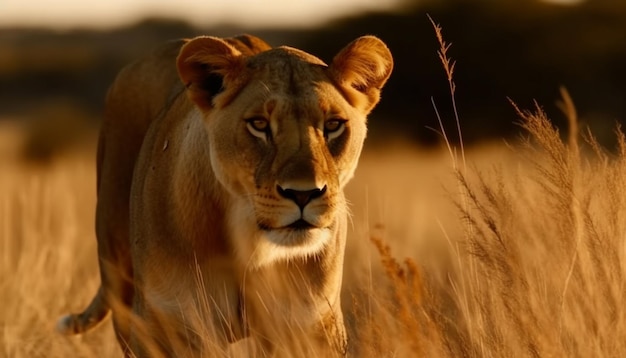 Free photo majestic lioness walking in african wilderness at dusk generated by ai