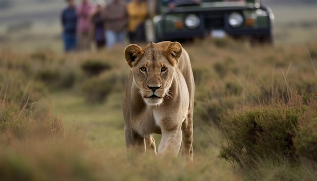 AI によって生成されたンゴロンゴロの荒野を歩く雄大な雌ライオン
