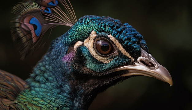 Величественный павлин-самец с разноцветным рисунком перьев, созданным искусственным интеллектом