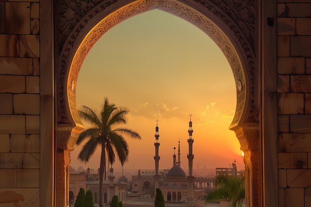 환상적인 건축물로 이슬람 신년 축하를 위한 웅장한 모스크