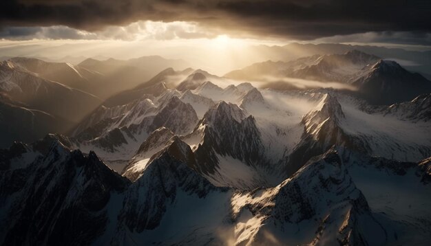 Majestic mountain peak frosted in winter snow generated by AI