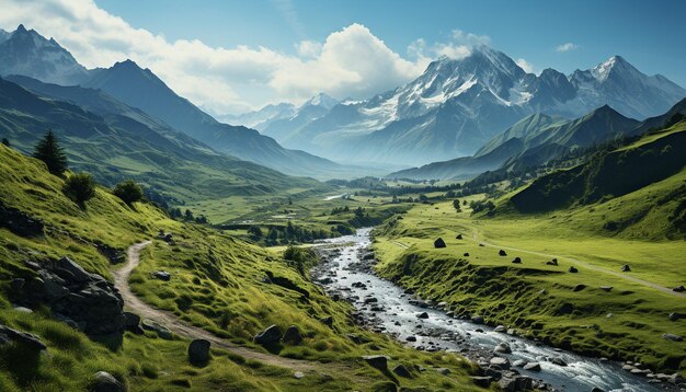 Majestic mountain peak, green meadow, tranquil sky, hiking adventure generated by artificial intelligence