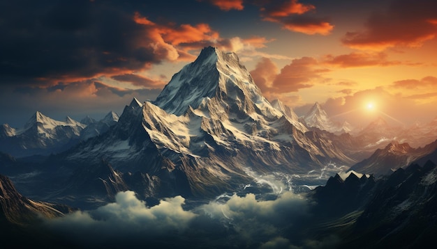 Величественная горная вершина, панорамный закат, снежная вершина, красота природы, созданная искусственным интеллектом