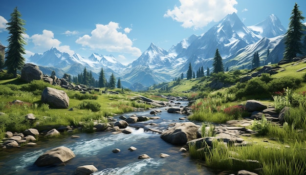 무료 사진 웅장한 산봉우리가 조용한 연못에 반영되어 인공지능에 의해 생성된 자연의 아름다움
