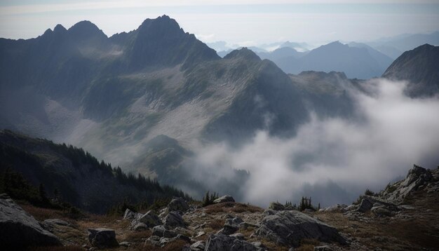 A majestic mountain peak rises high on horizon generated by AI